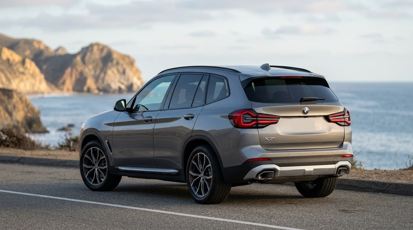 Grey BMW X3 from the rear three-quarter on Pacific Coast Highway at Point Mugu