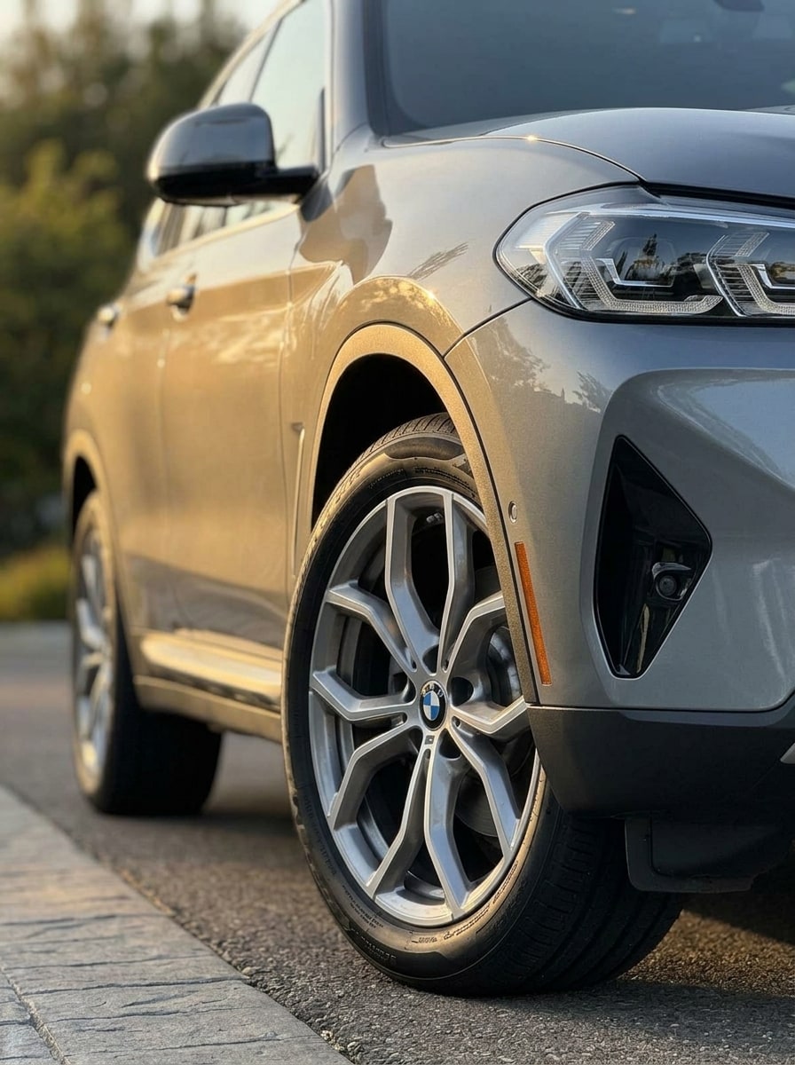 Front wheel and flank of the grey BMW X3