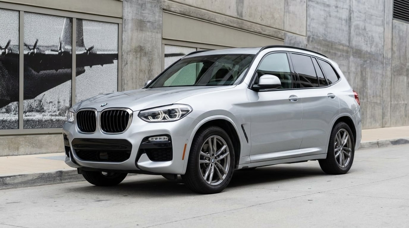 Silver BMW X3 along a concrete wall in Culver City, front three-quarter view
