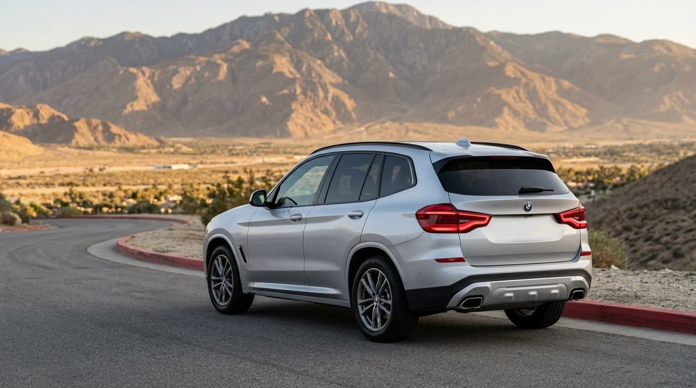 Silver BMW X3 from the rear three-quarter on the road into Palm Springs