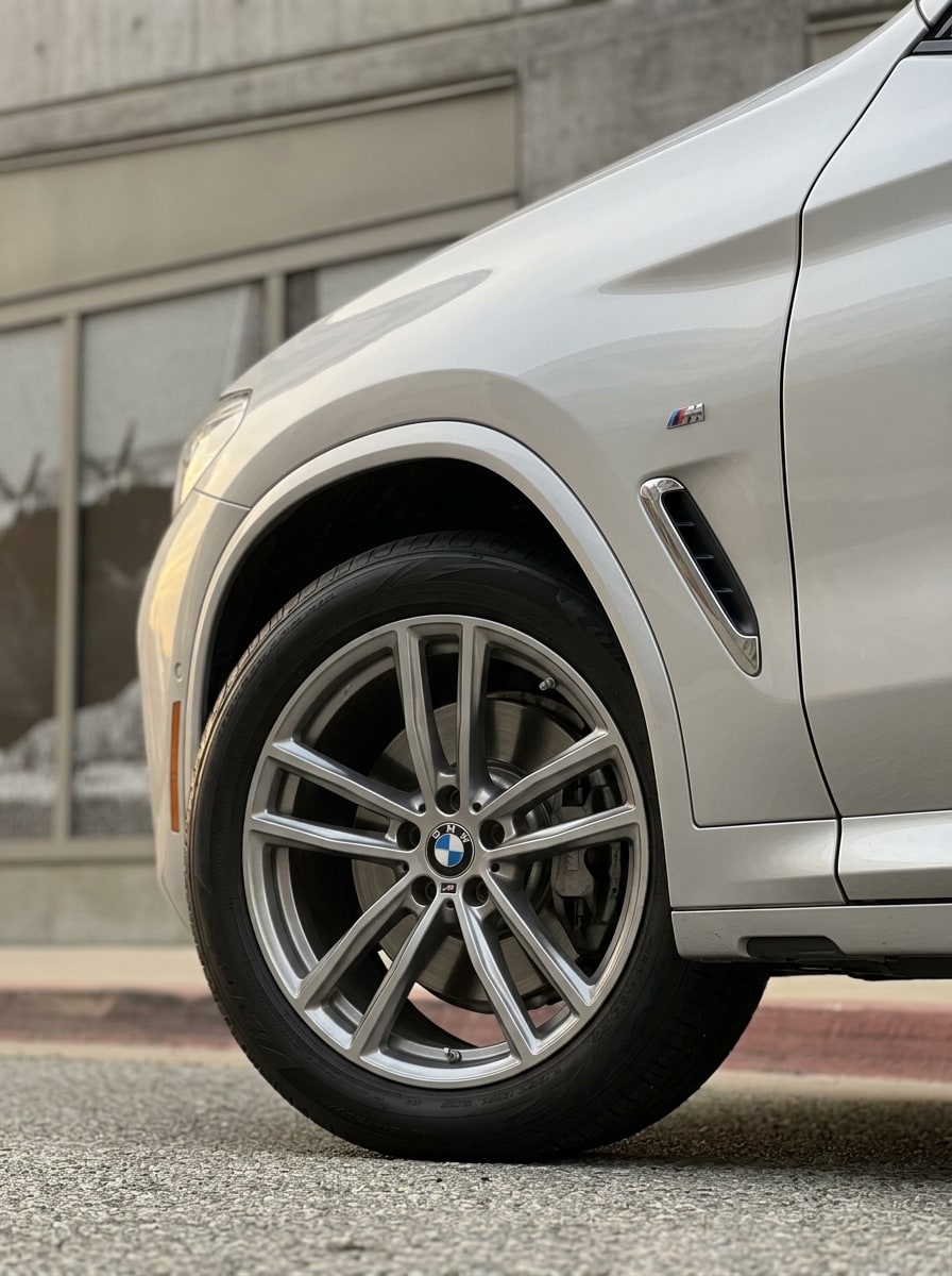 Front wheel and flank of the silver BMW X3