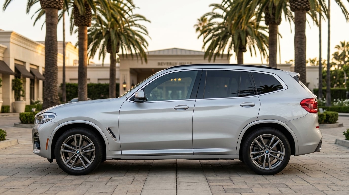 Silver BMW X3 in profile outside a Beverly Hills hotel