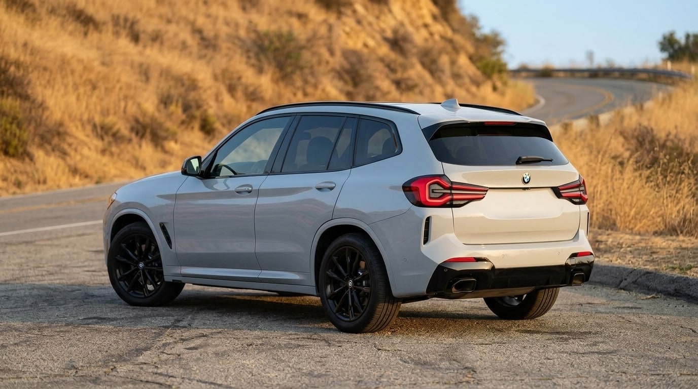 White BMW X3 from the rear three-quarter on Mulholland Drive