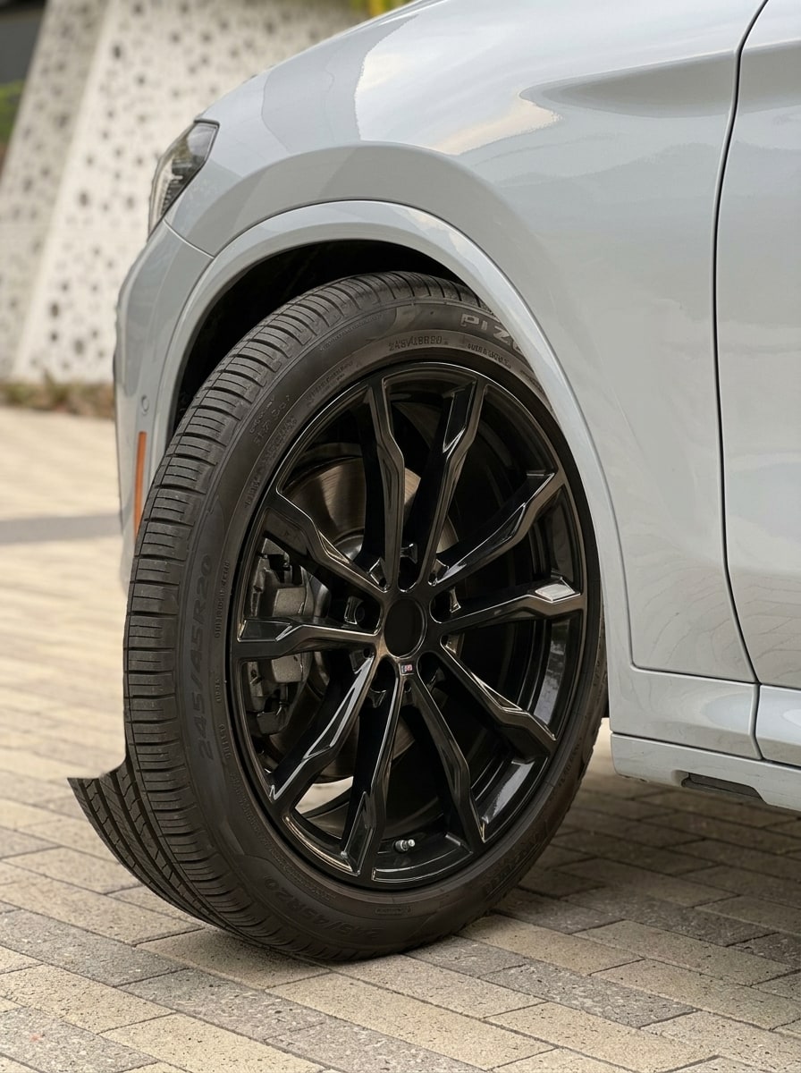 Front wheel and flank of the white BMW X3