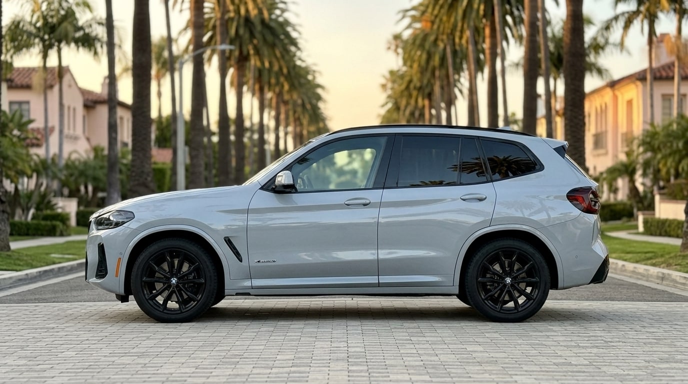 White BMW X3 in profile on a palm-lined Santa Monica street