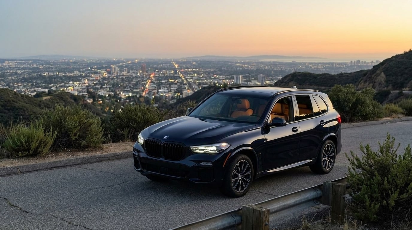 Black BMW X5 on a canyon road above Los Angeles at dusk