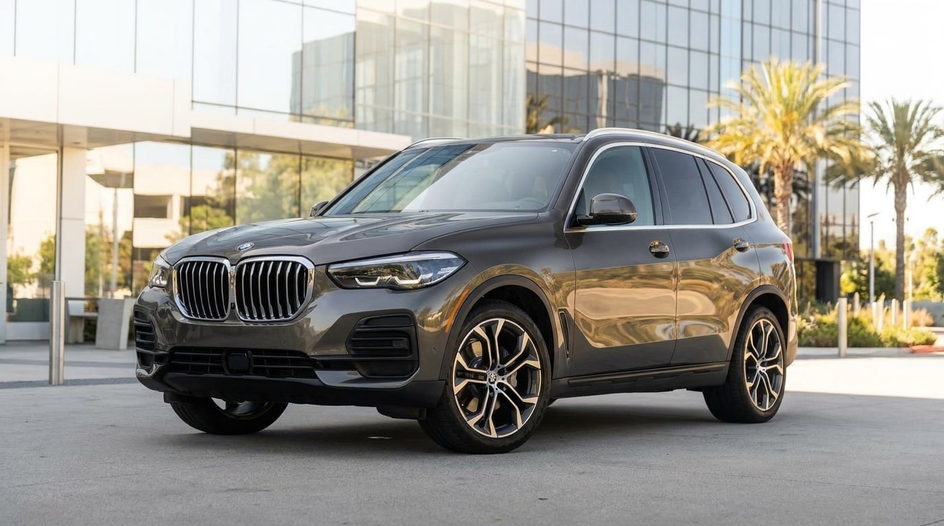 Grey BMW X5 in the forecourt of a glass office building in Playa Vista, front three-quarter view