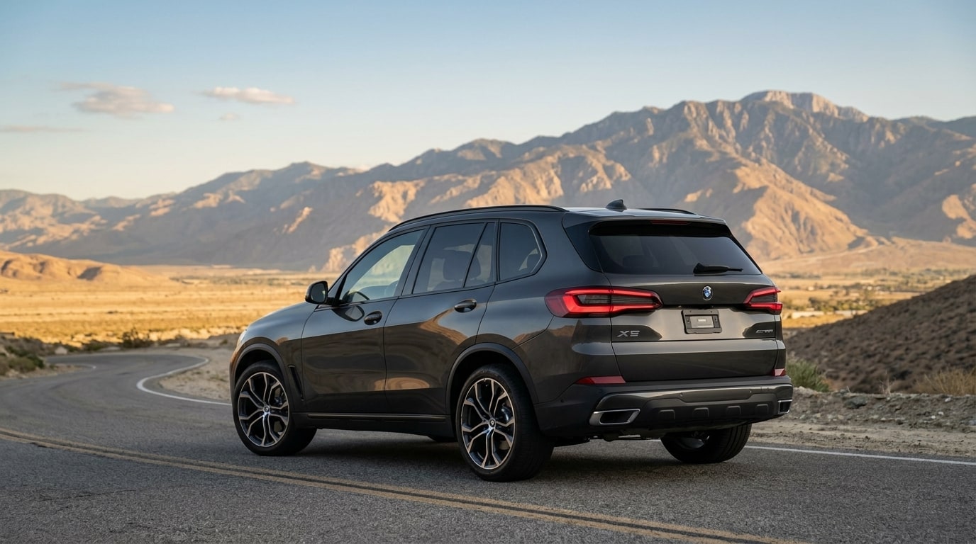 Grey BMW X5 from the rear three-quarter on the road into Palm Springs