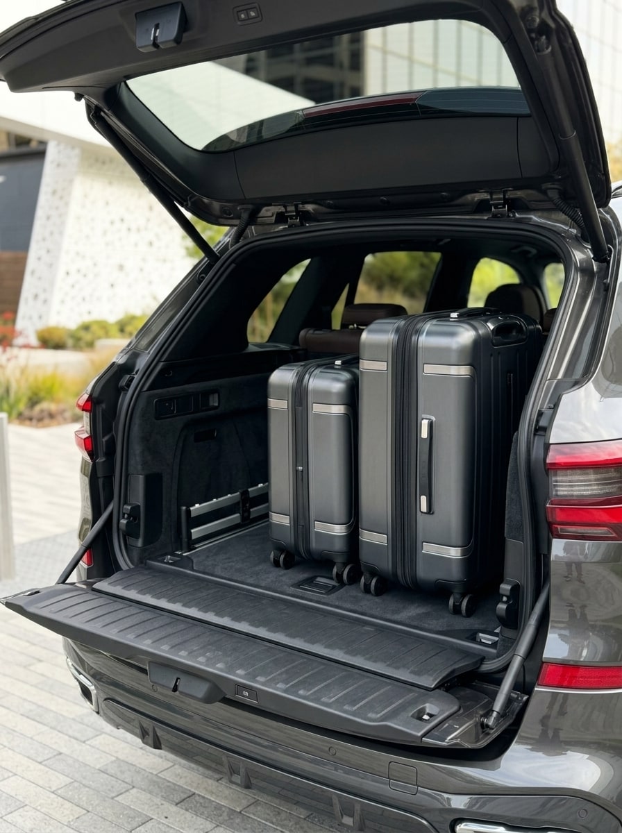 Open split tailgate of the grey BMW X5 with luggage on the boot floor