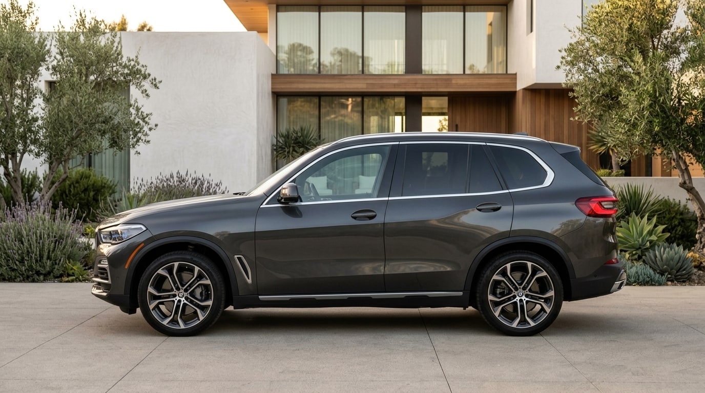 Grey BMW X5 in profile outside a modern house in Brentwood