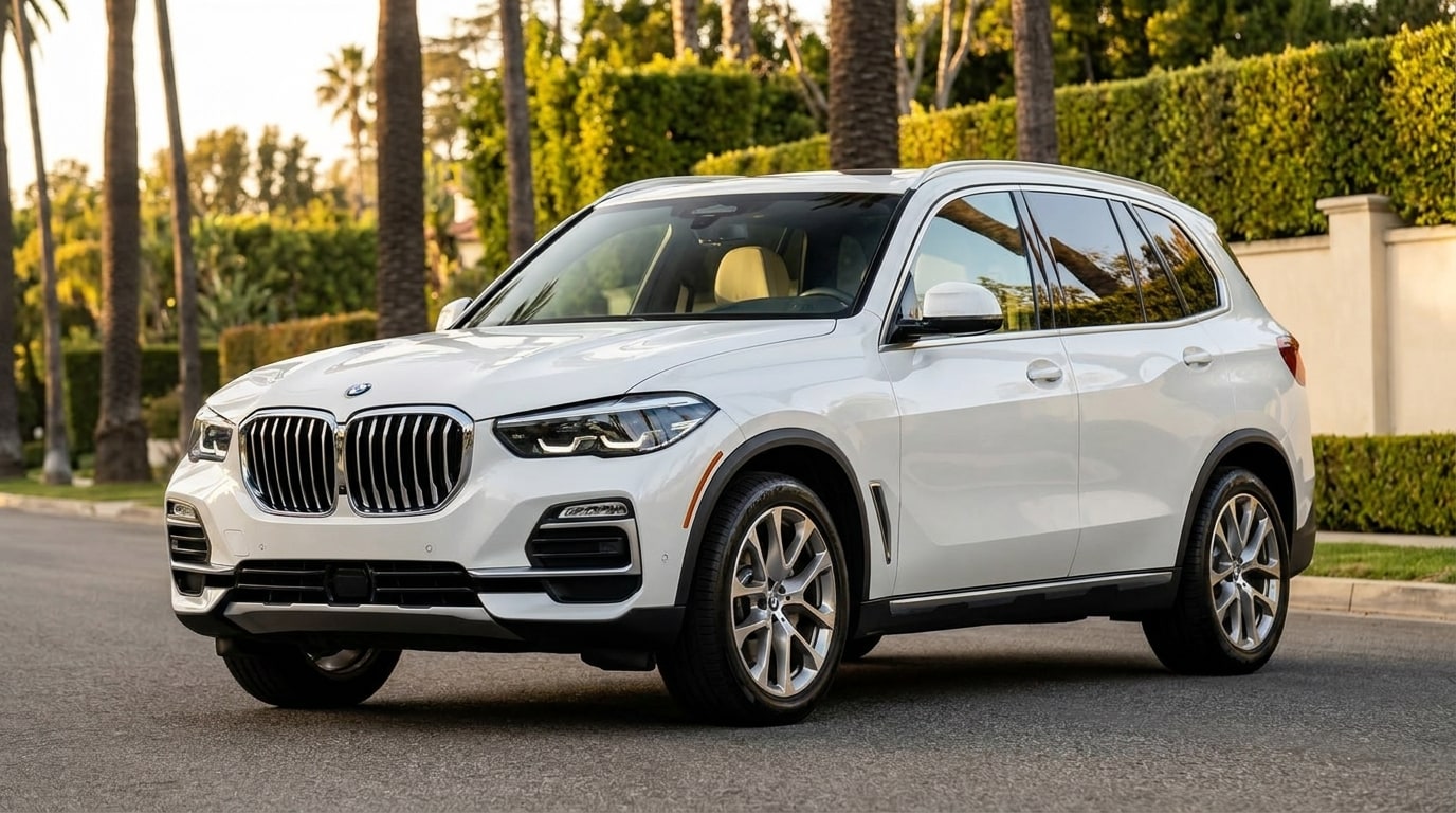 White BMW X5 from a low front three-quarter on a palm-lined Beverly Hills street