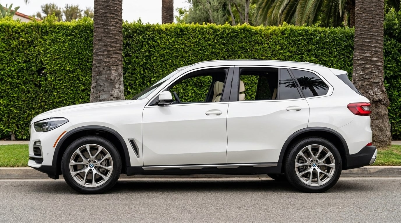 White BMW X5 in profile at the kerb