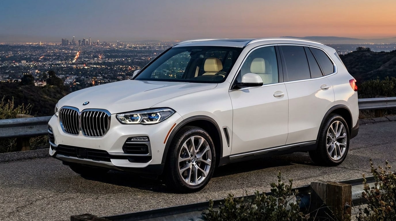 White BMW X5 on a canyon road above Los Angeles at dusk