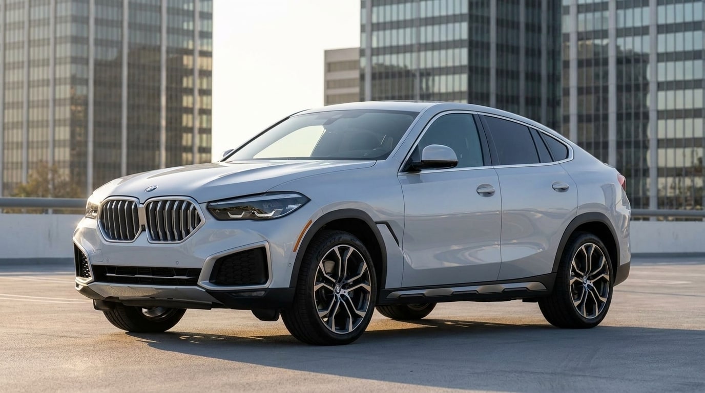 Silver BMW X6 on the top deck of a Century City parking structure, front three-quarter view