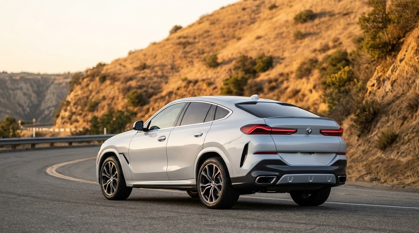 Silver BMW X6 from the rear three-quarter on Mulholland Drive