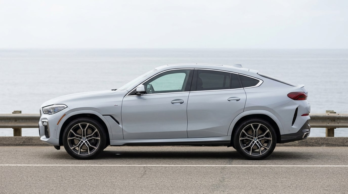 Silver BMW X6 in profile on Pacific Coast Highway