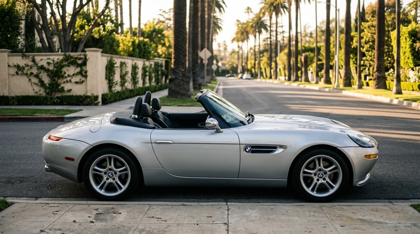 Silver BMW Z8 roadster with the top down in profile at a kerb on a palm-lined Beverly Hills street