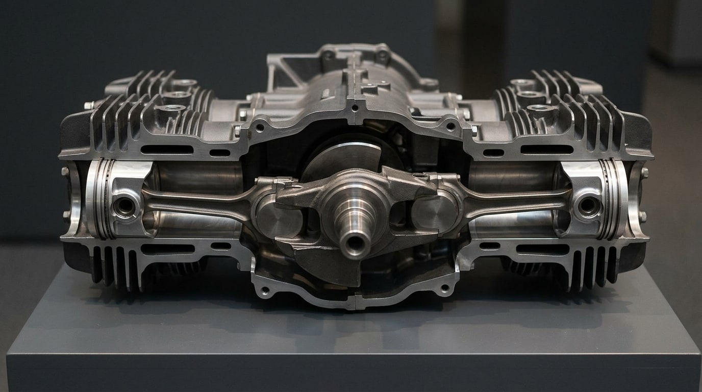 Sectioned boxer engine seen along the crankshaft, with the two flat cylinder banks either side and the opposing pistons at the outer ends of their travel