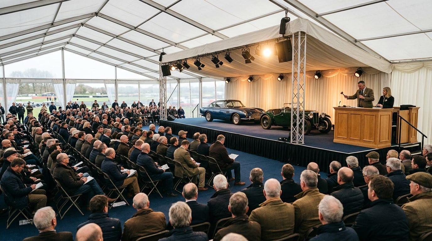 Classic car auction under a white marquee at an English circuit with bidders seated before a raised stage