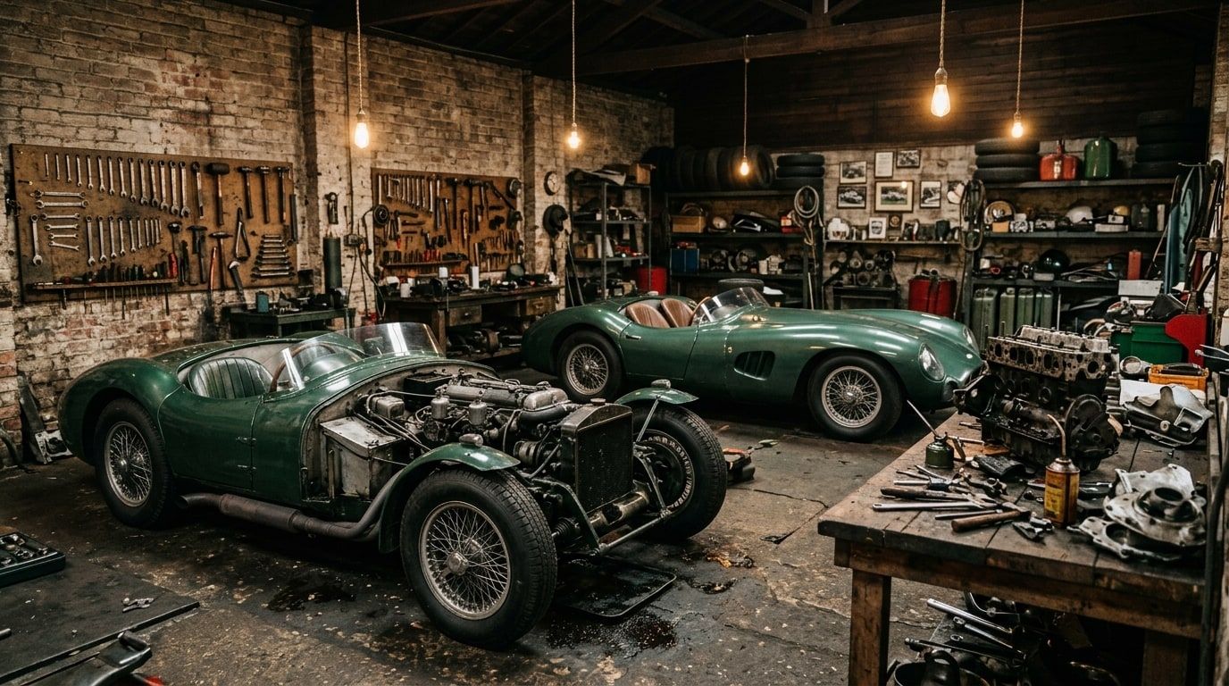 Two green open sports racing cars in a 1950s British workshop under bare bulbs