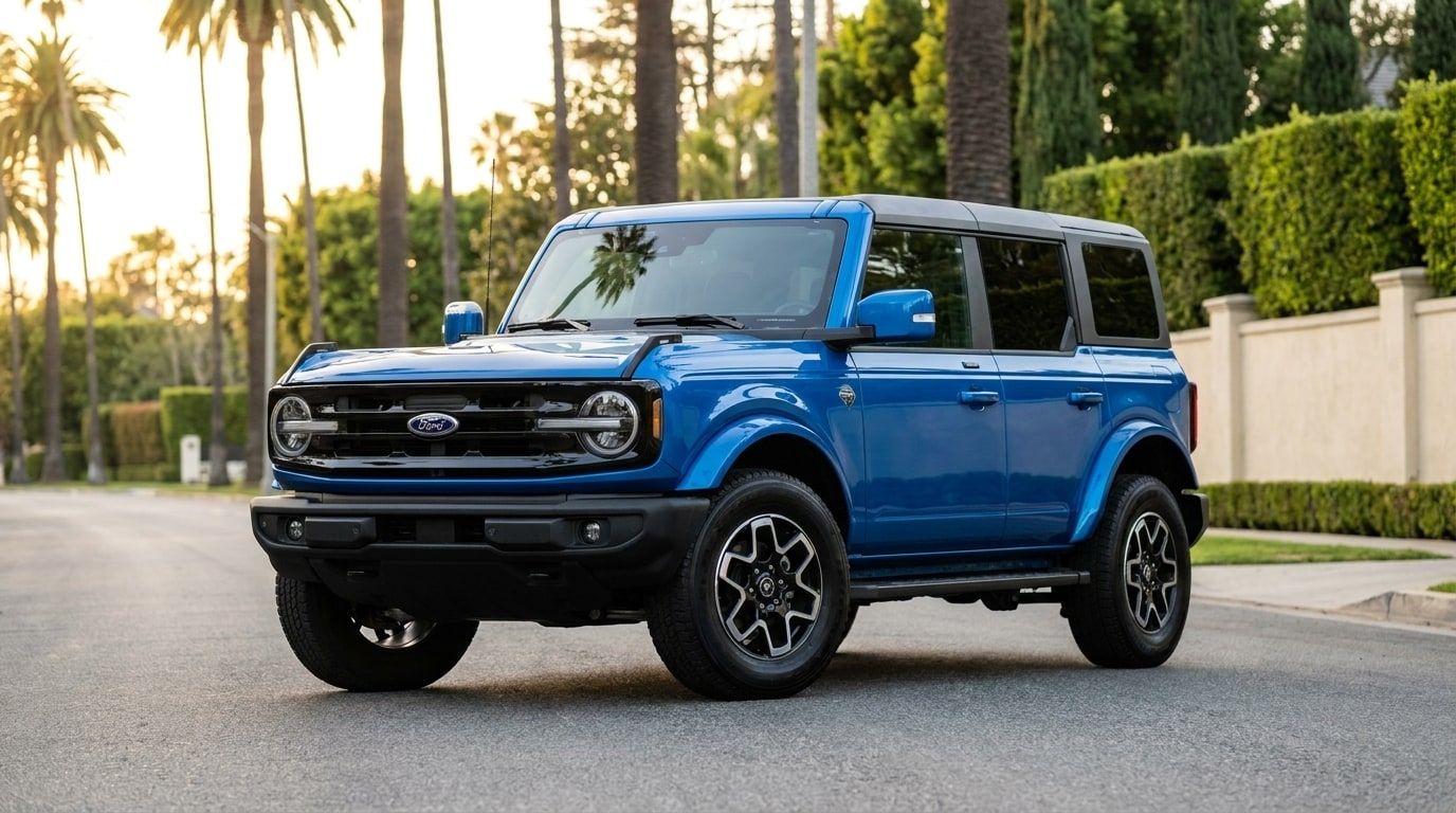 Blue Ford Bronco from a low front three-quarter on a palm-lined Beverly Hills street