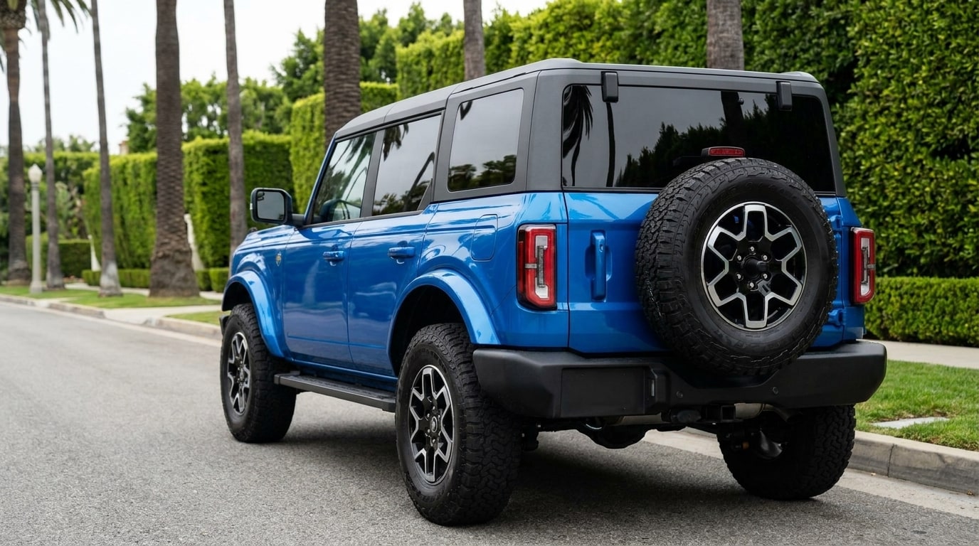 Blue Ford Bronco from a rear three-quarter, the full-size spare wheel on the tailgate