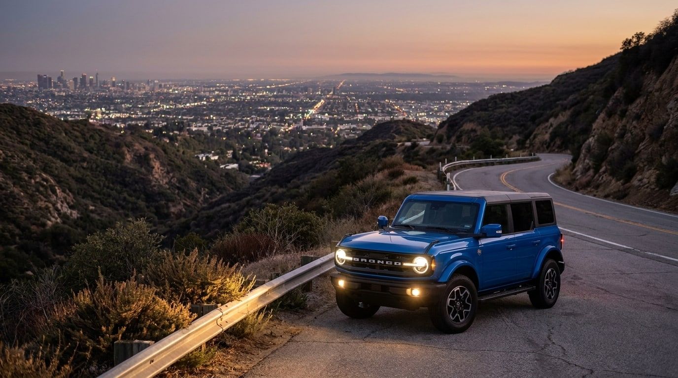 Blue Ford Bronco on a canyon road above Los Angeles at dusk