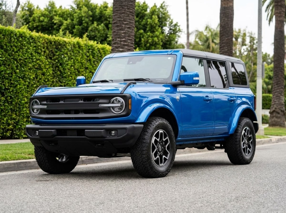 Blue Ford Bronco from a low front three-quarter, the whole car in frame on a Beverly Hills street