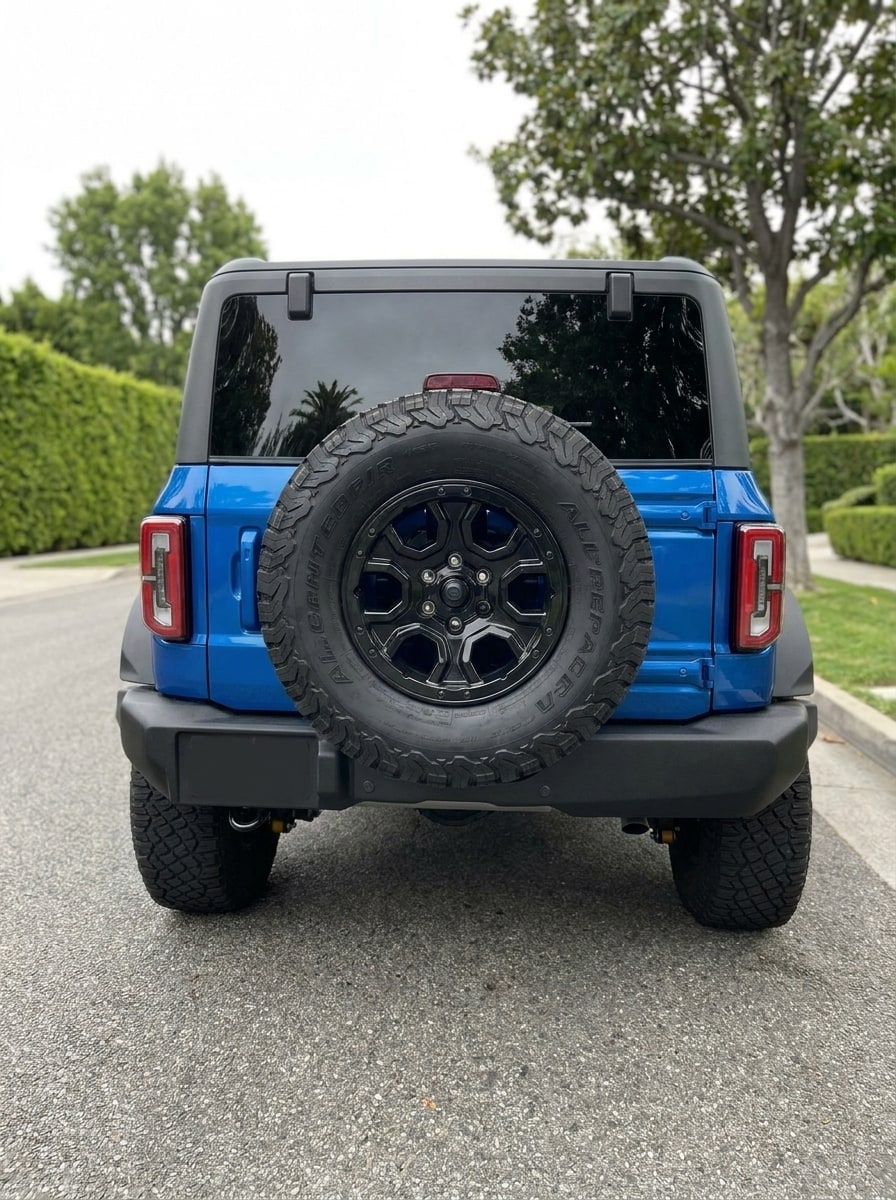 Full-size spare wheel on the tailgate of the blue Ford Bronco