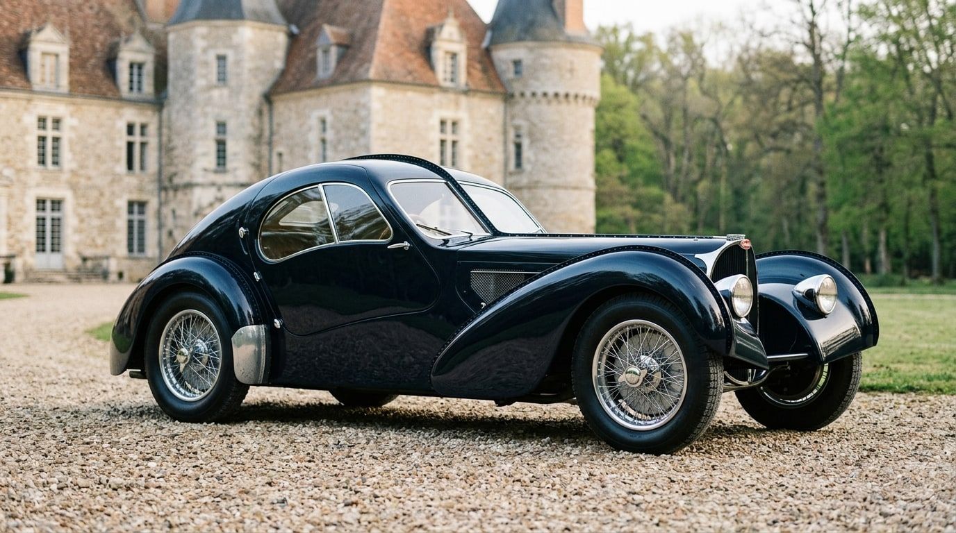 1930s French art-deco coupe in dark blue with a riveted centre seam on a gravel drive