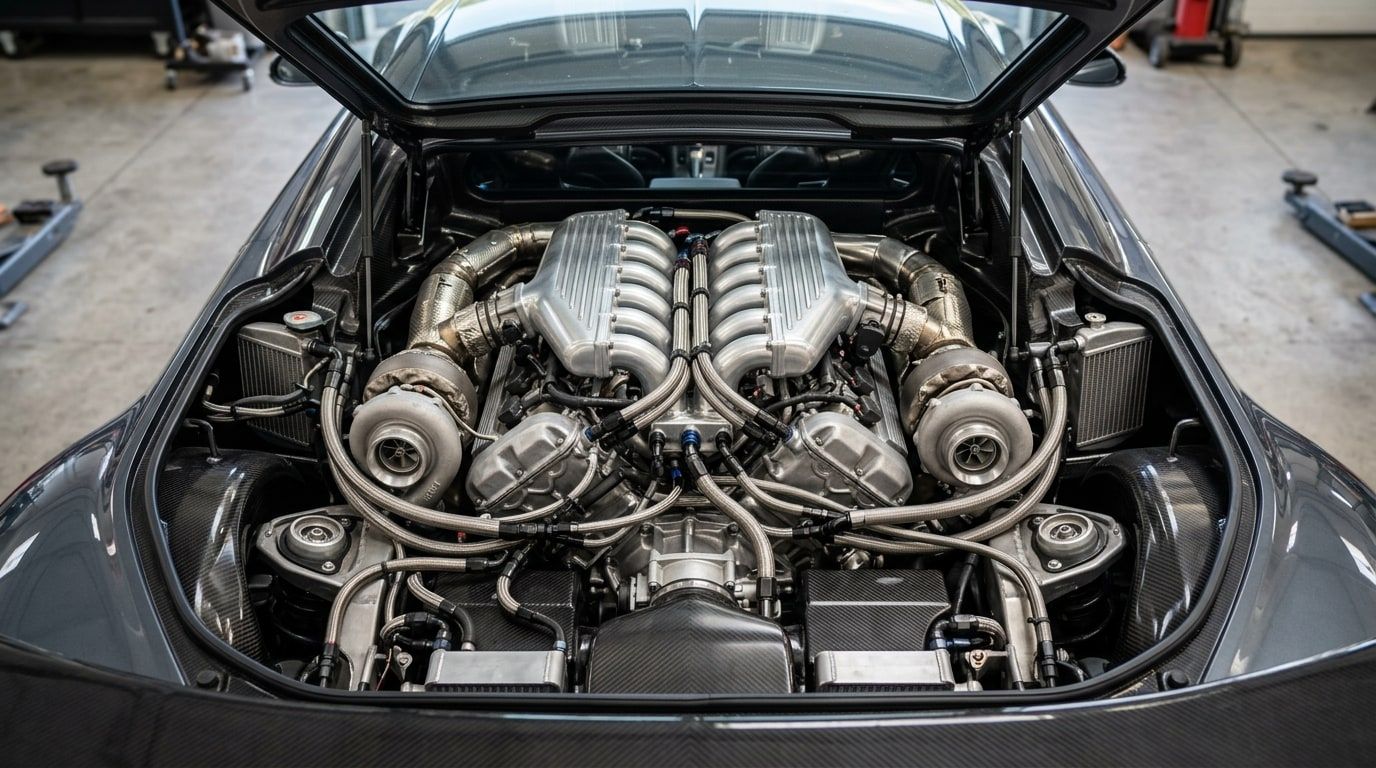 Very large sixteen-cylinder engine with four turbochargers seen from above through a glass cover