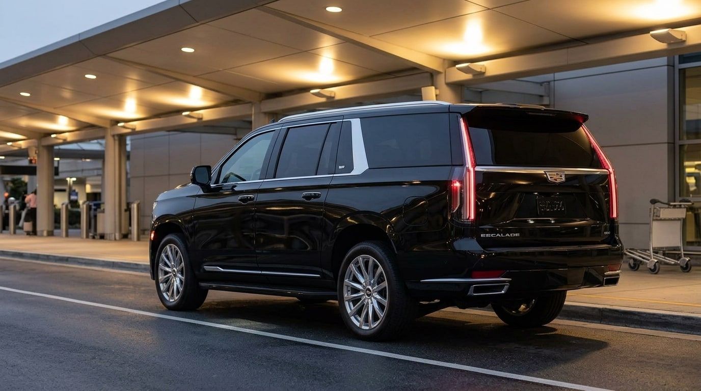 Black Cadillac Escalade ESV on a Los Angeles street, rear three-quarter view