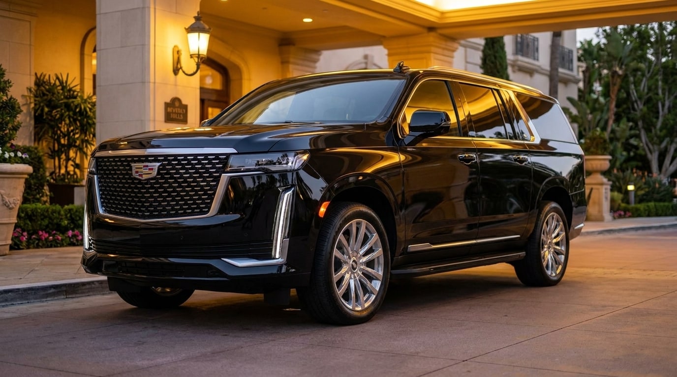 Black Cadillac Escalade ESV under a Beverly Hills hotel porte-cochere at dusk
