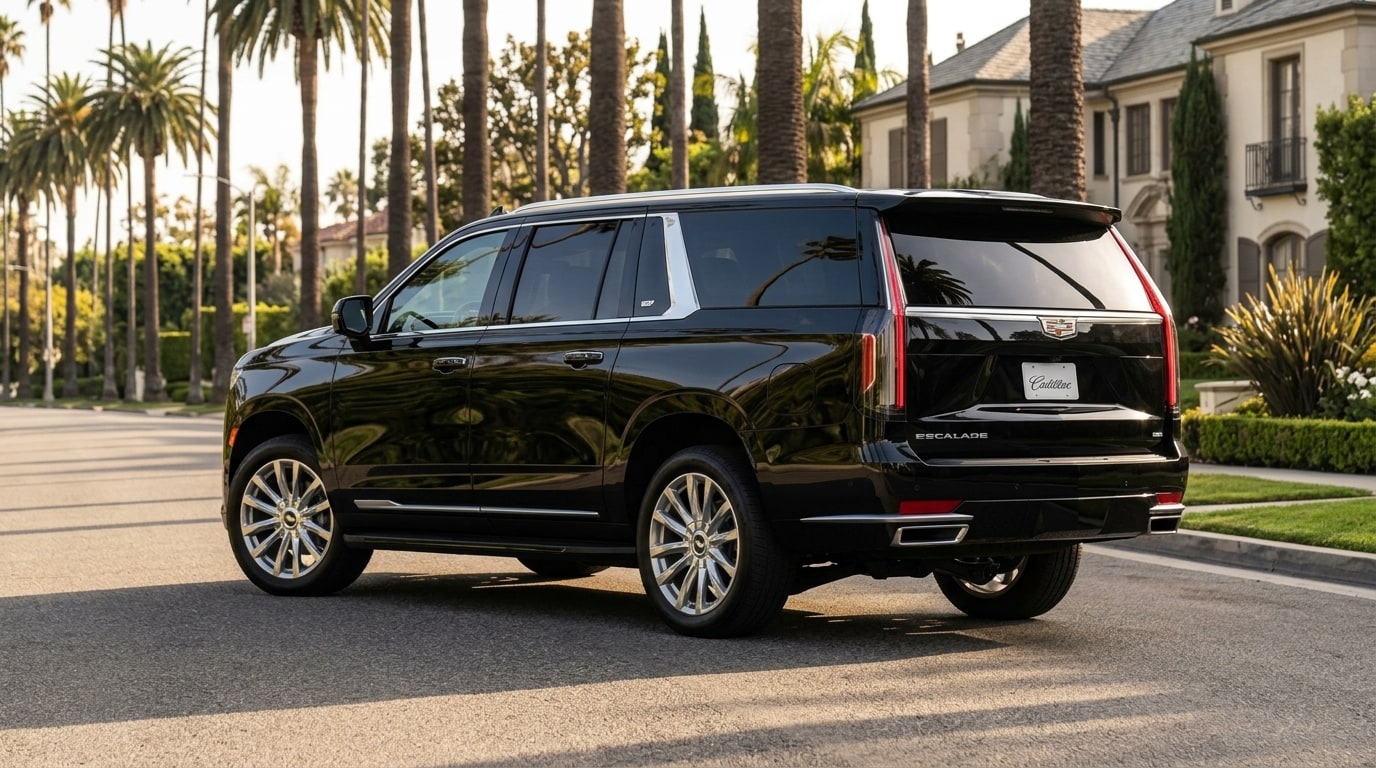Black Cadillac Escalade ESV from the rear three-quarter on a palm-lined street