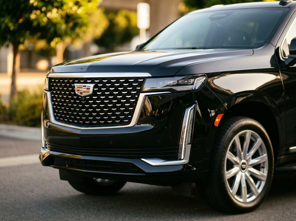 Chrome mesh grille and vertical headlamp blade of the black Cadillac Escalade ESV