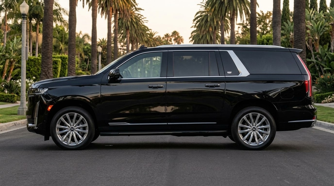 Black Cadillac Escalade ESV in profile, showing the long-wheelbase body