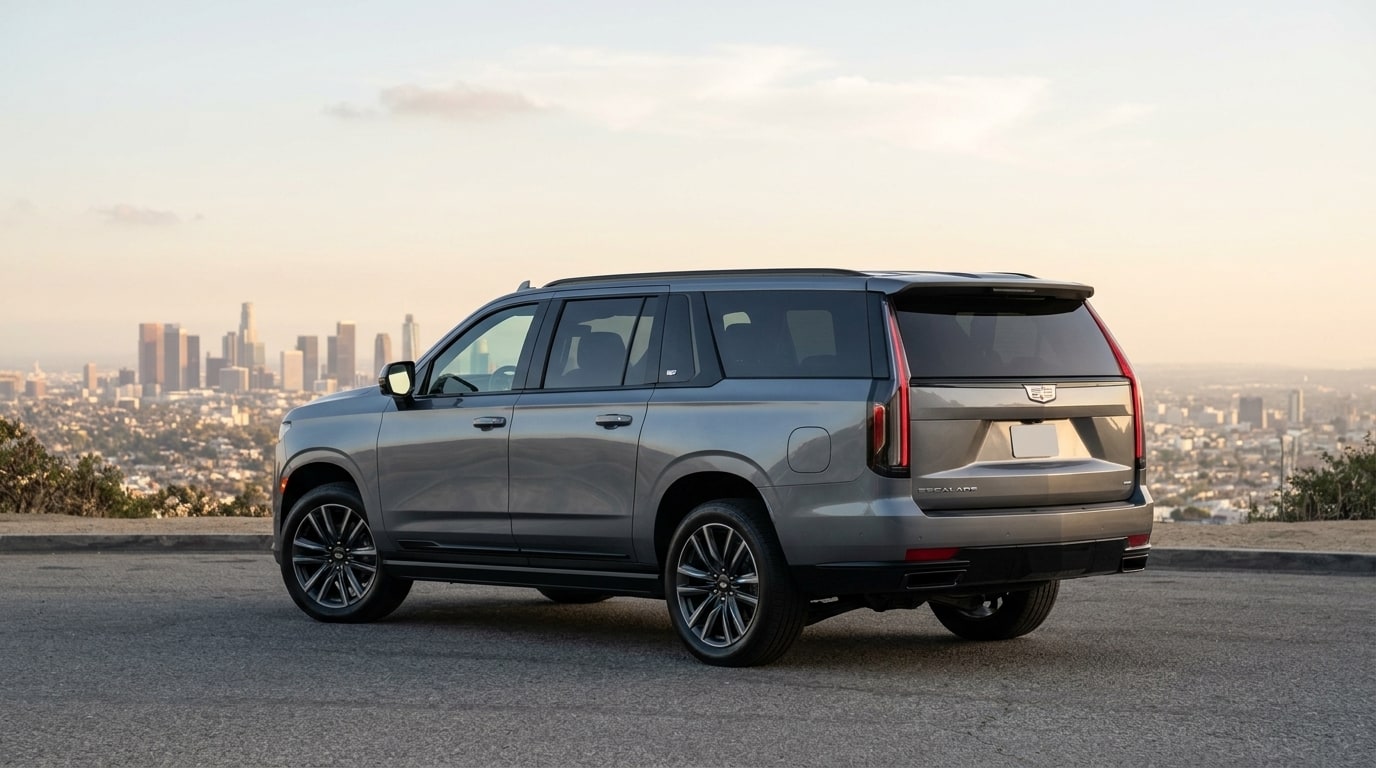 Grey Cadillac Escalade ESV from the rear three-quarter above Los Angeles