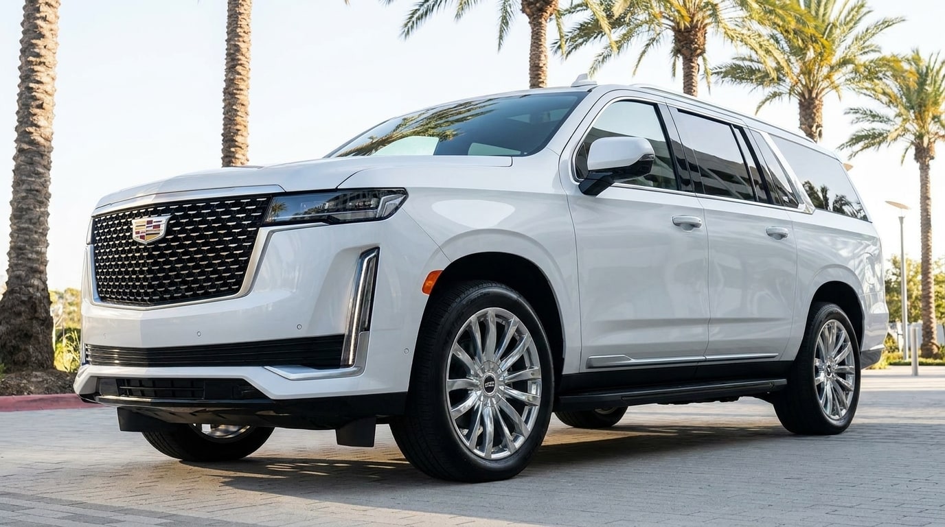 White Cadillac Escalade ESV on a paved forecourt beside palms