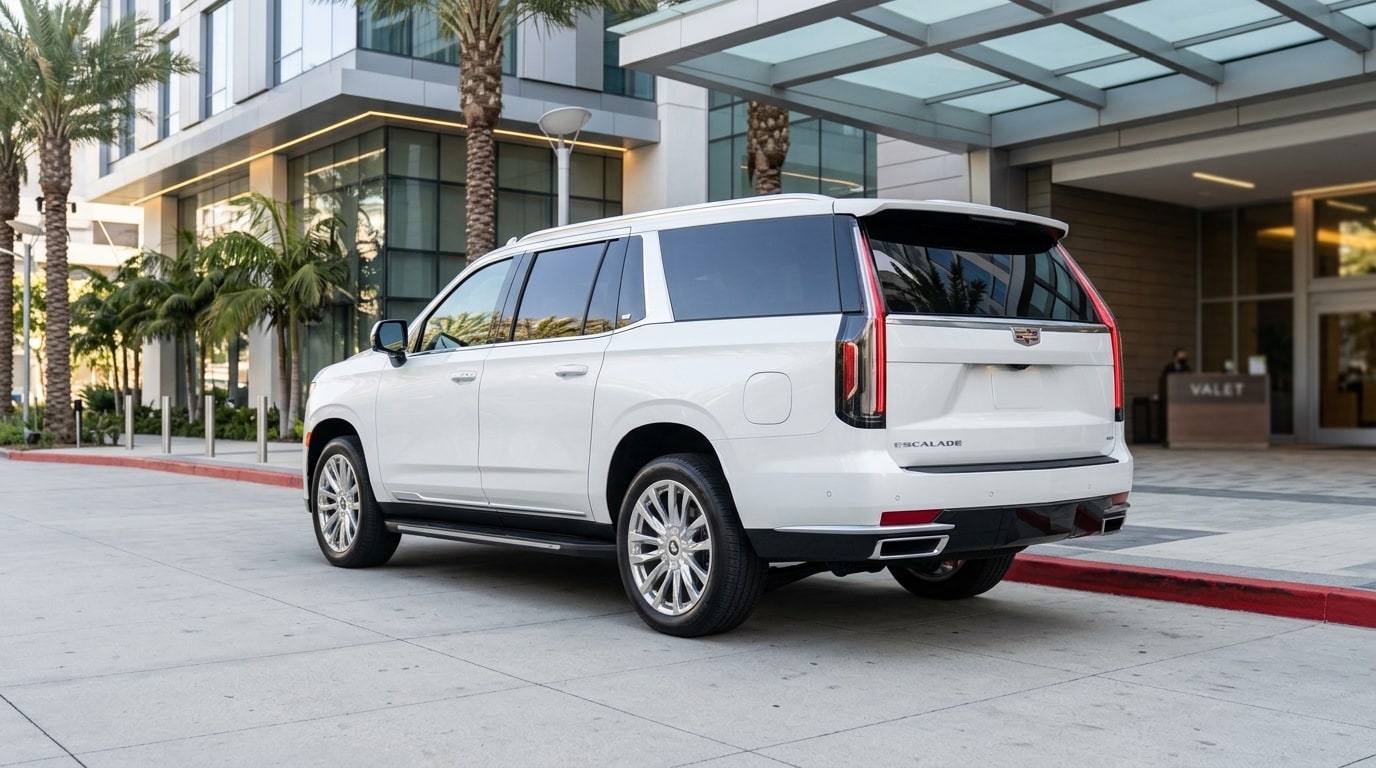 White Cadillac Escalade ESV from the rear three-quarter outside a hotel entrance