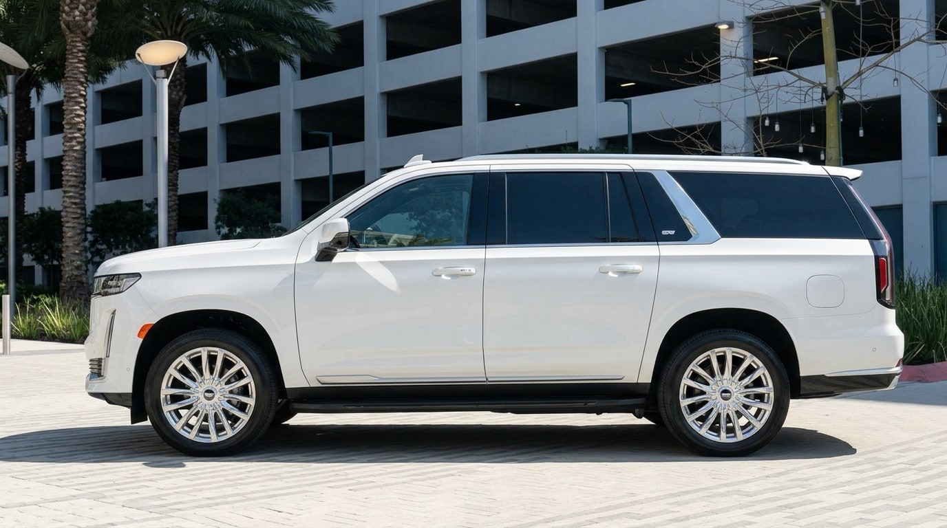 White Cadillac Escalade ESV in profile, showing the long-wheelbase body