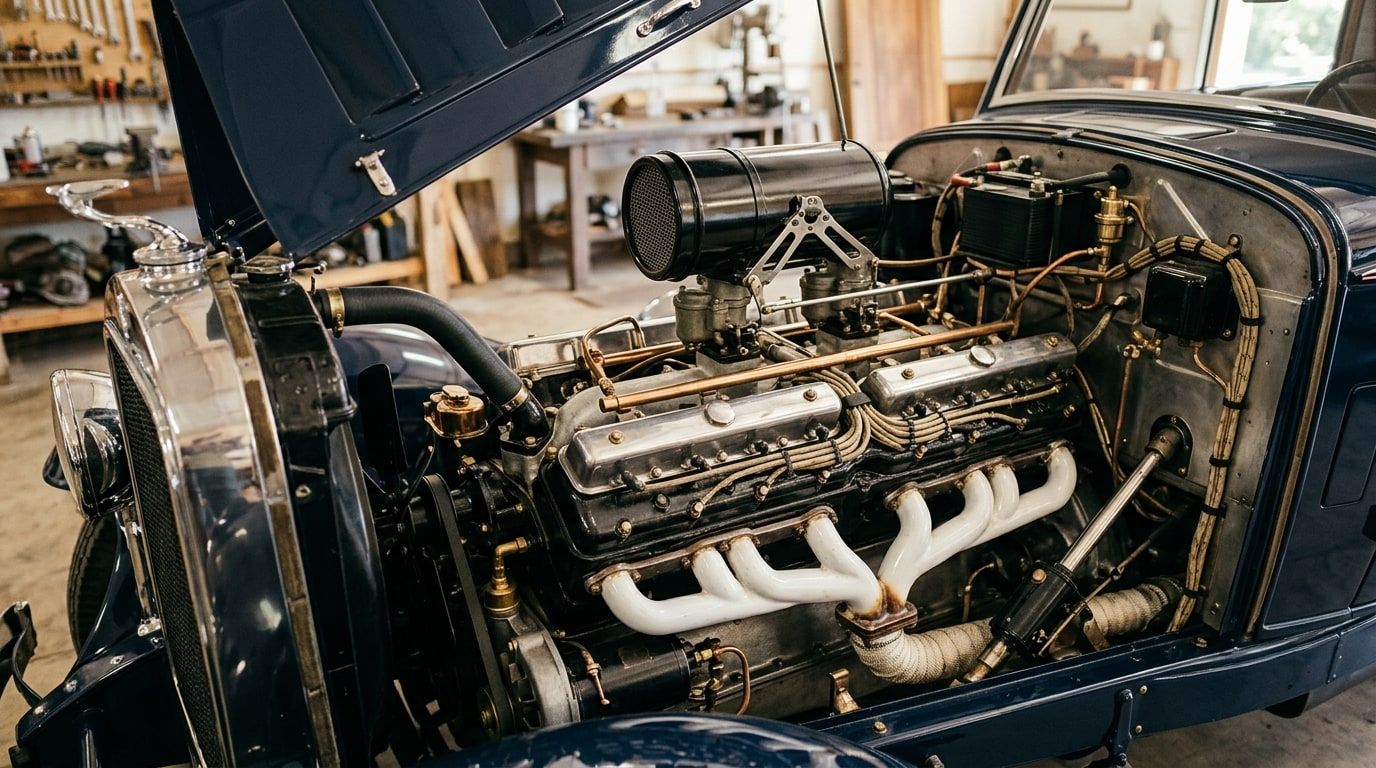 Long sixteen-cylinder pre-war engine with polished manifolds in an open bonnet