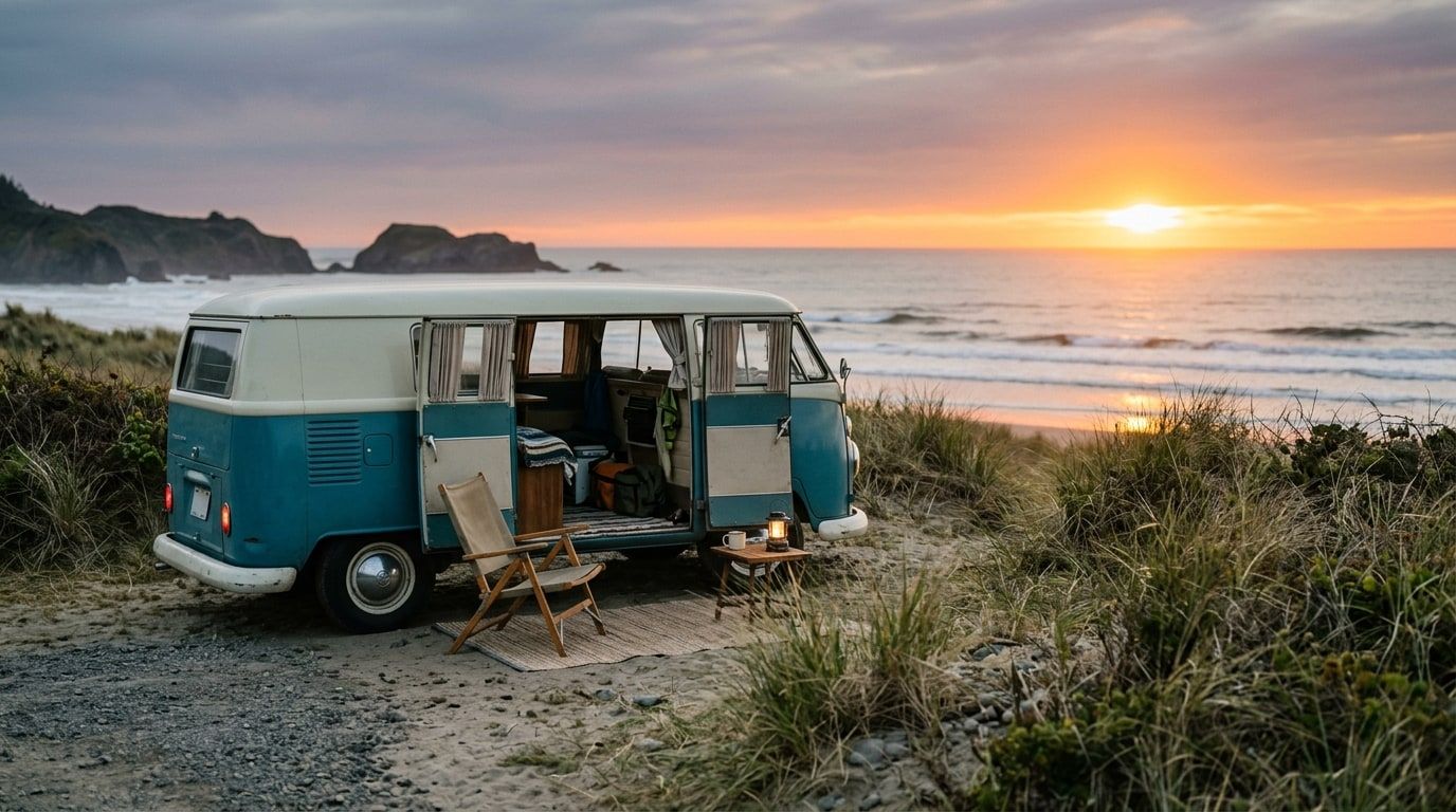 Vintage two-tone microbus parked at a coastal campsite at dusk with the Pacific behind