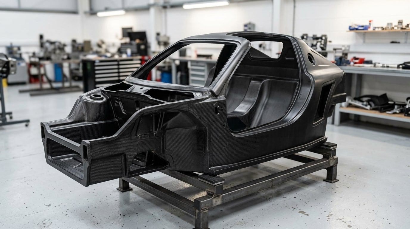 Bare black carbon-fibre monocoque chassis tub on a workshop stand