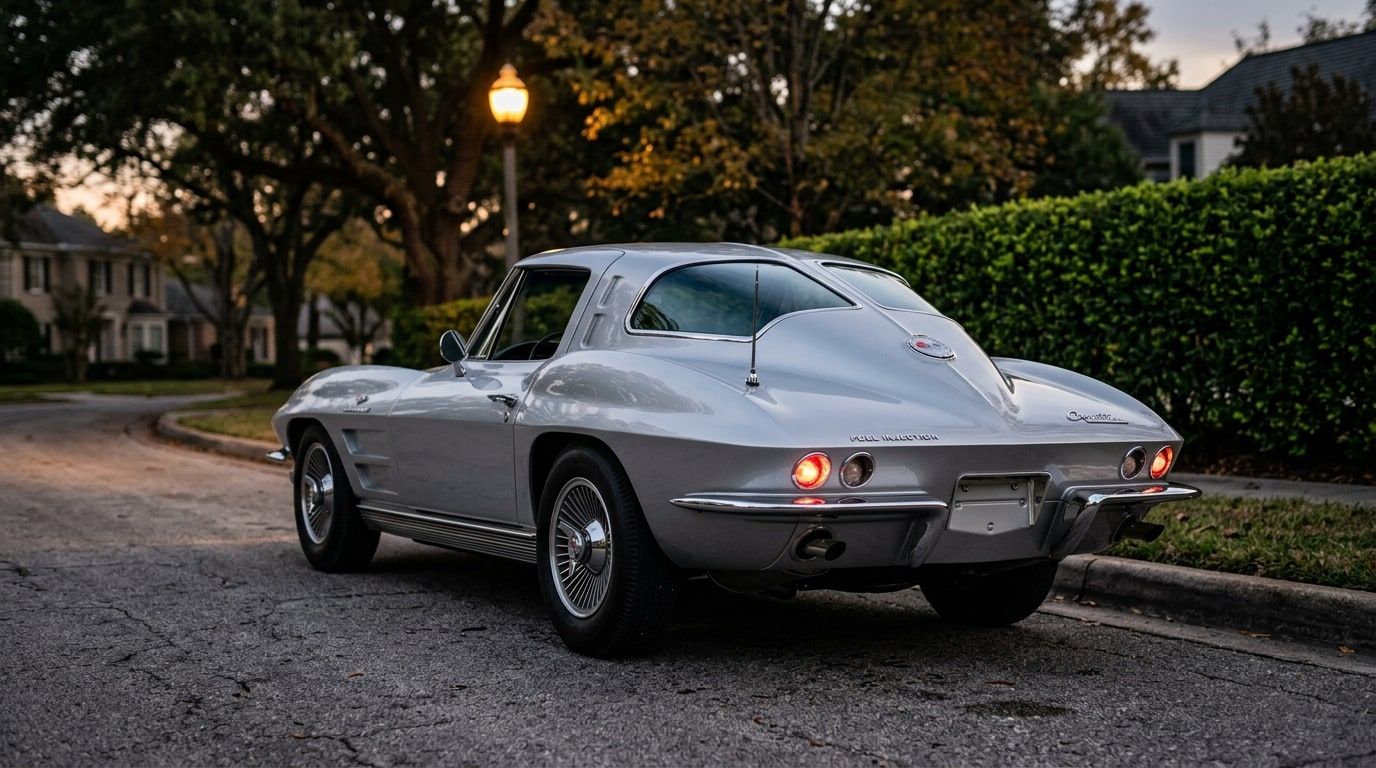 Silver 1963 Chevrolet Corvette Sting Ray split-window coupe seen from behind, showing the divided rear screen