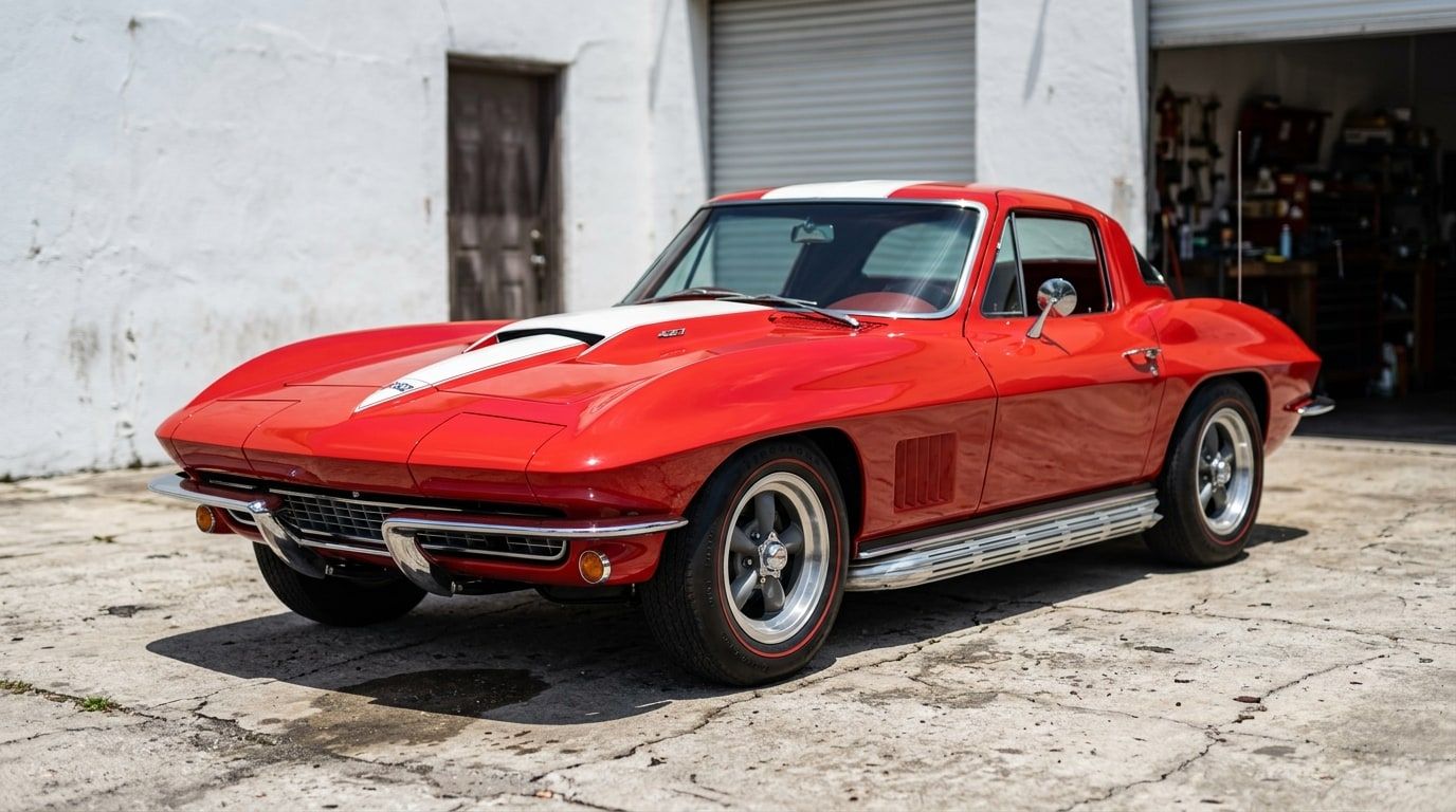 Red 1967 Chevrolet Corvette Sting Ray with bonnet scoop and side exhausts, low front three-quarter view