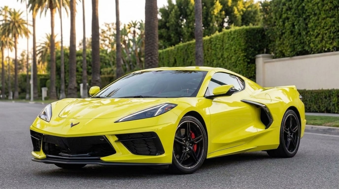 Yellow Chevrolet Corvette from a low front three-quarter on a palm-lined Beverly Hills street