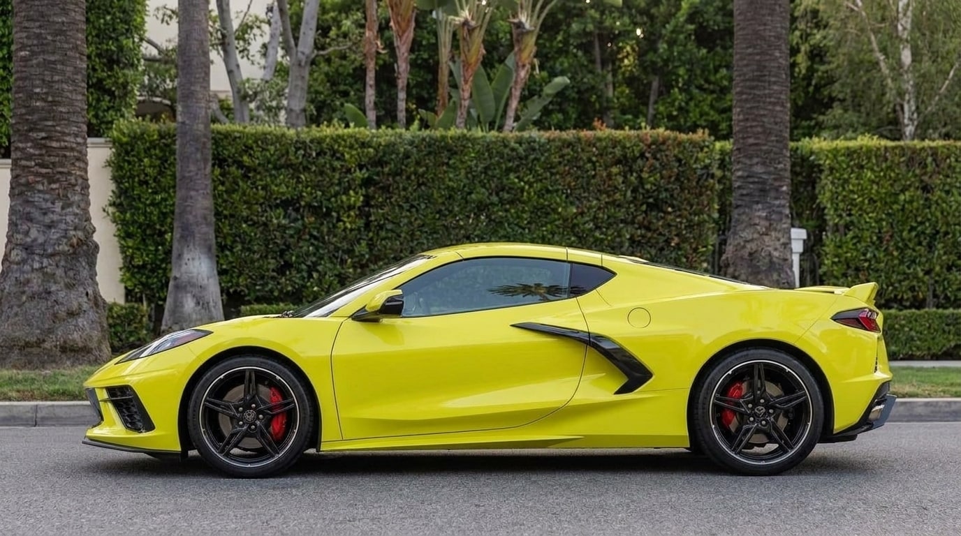 Yellow Chevrolet Corvette in profile, showing the mid-engine proportions