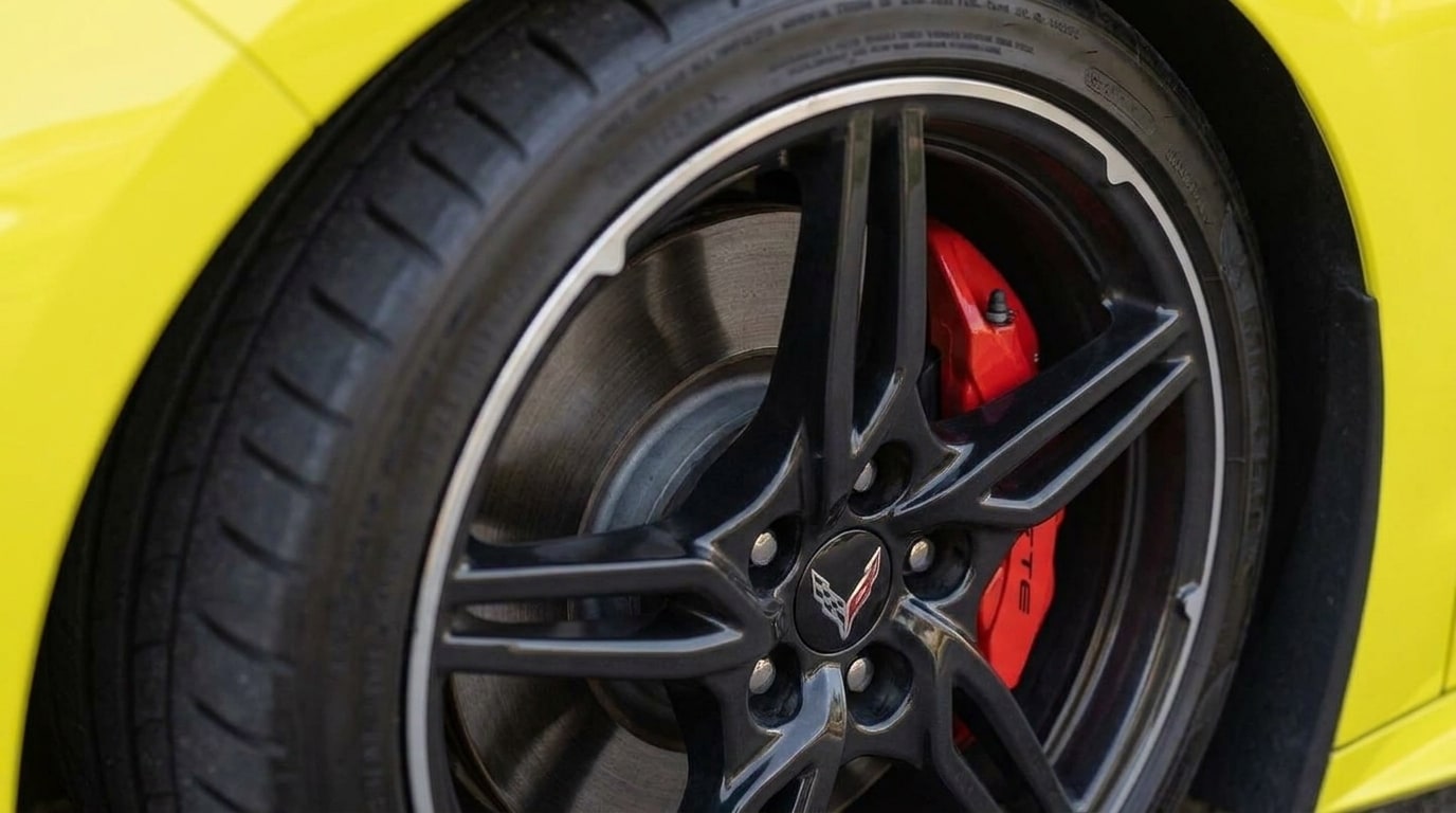 Wheel and brake of the yellow Chevrolet Corvette