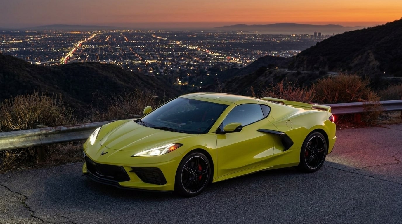 Yellow Chevrolet Corvette on a canyon road above Los Angeles at dusk