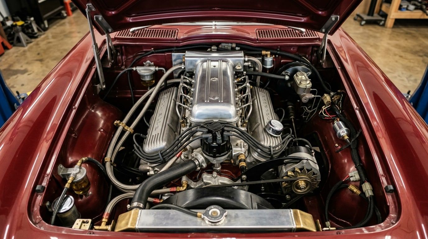 Small-block V8 engine with mechanical fuel injection in an open engine bay, seen from above